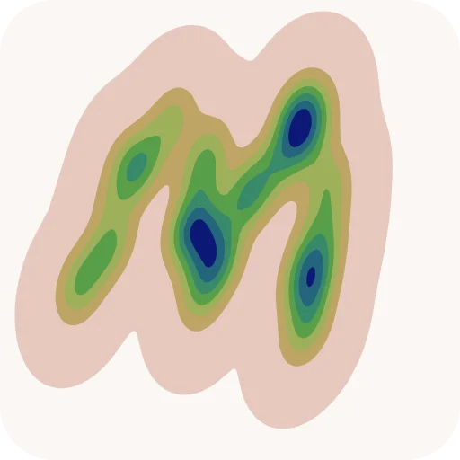 The mvgkde logo: a kernel density estimate of points scattered along a slanted, handwritten M, drawn as filled contours from cream through gold and green to deep blue.